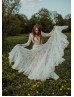 Ivory Lace Nude Lining V Back Sexy Boho Wedding Dress